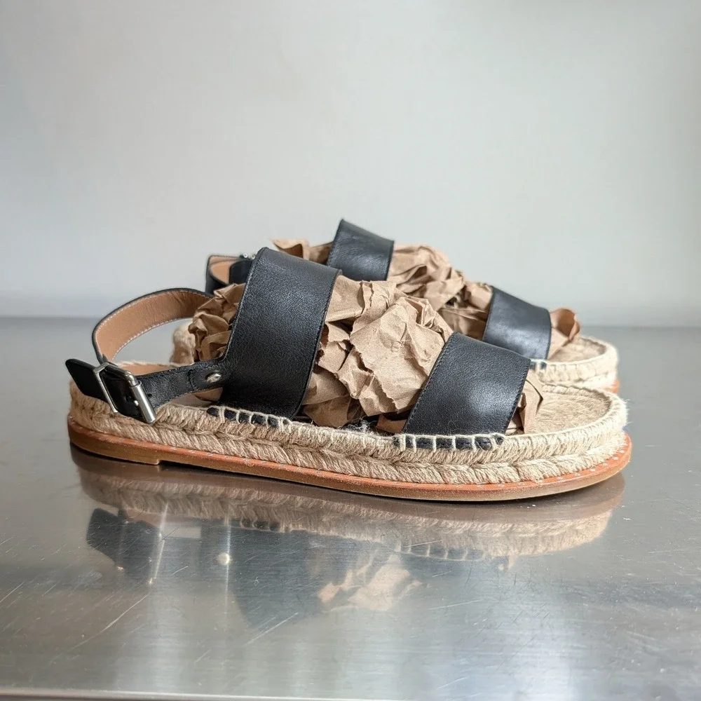 Aquatalia Black Leather Espadrille Sandals Spain Slingback Flat Womens 8 Luxury